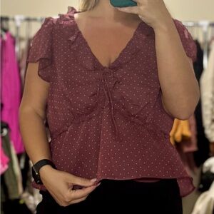 American Eagle AE V-Neck Chiffon Polka Dot Babydoll Blouse